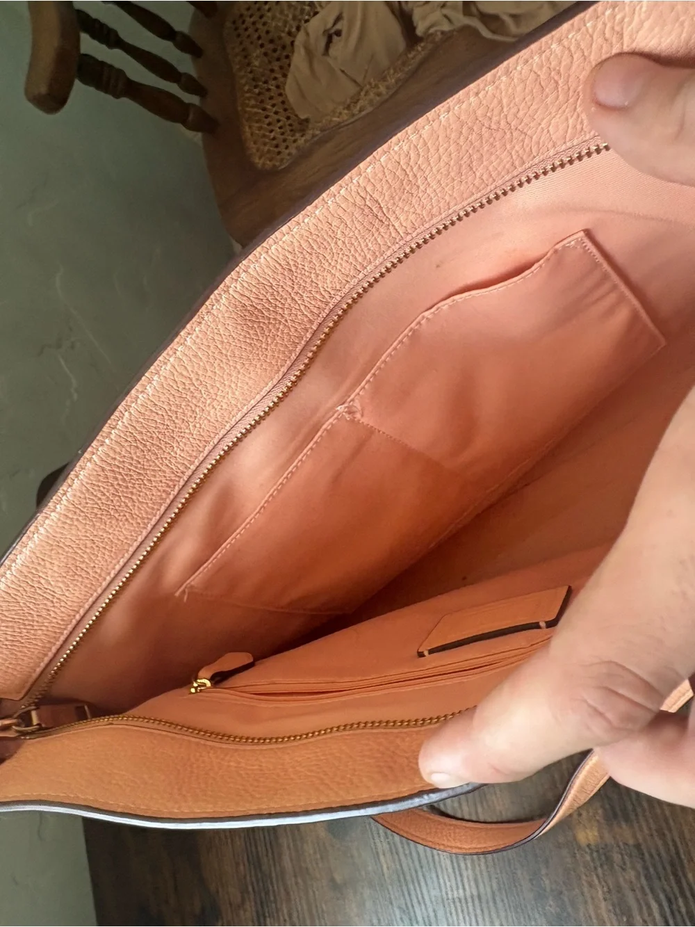 Coach Pebbled Leather Tote in peach pink with Gold Chain Handles